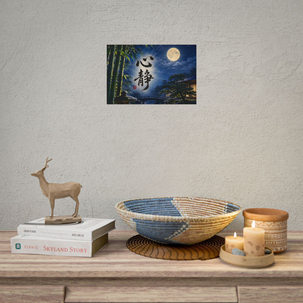 Japanese Zen Moon Wall Art – Full Moon, Bamboo Forest & Traditional Calligraphy Landscape