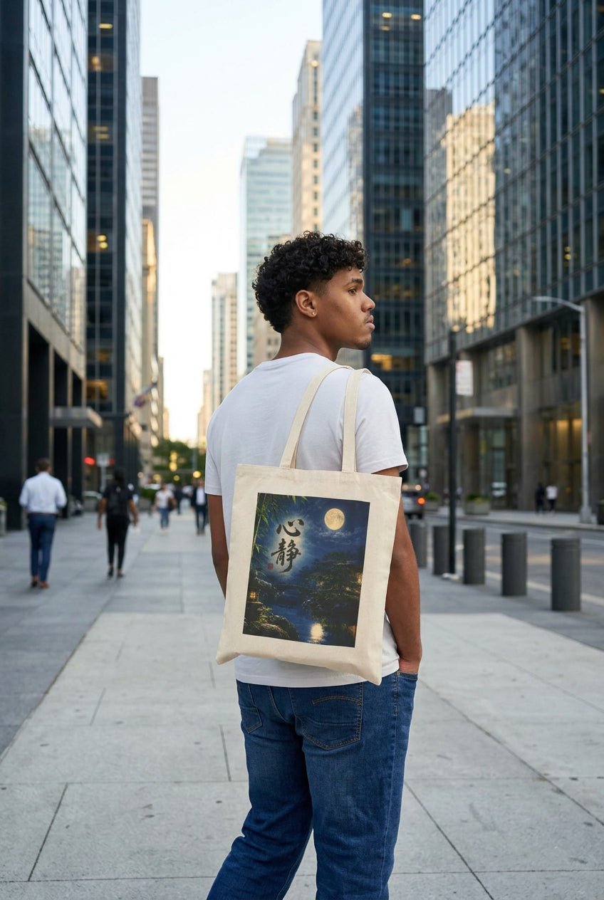 Japanese Zen Moon Tote Bag – Full Moon, Bamboo Forest & Traditional Japanese Garden Art