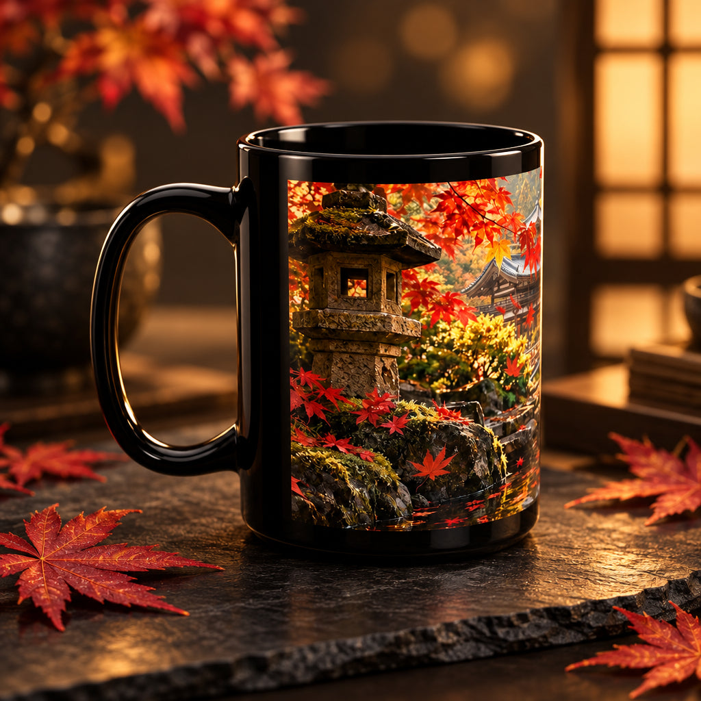 Deep Autumn Japanese Garden – Maple Leaves & Koi Black Mug