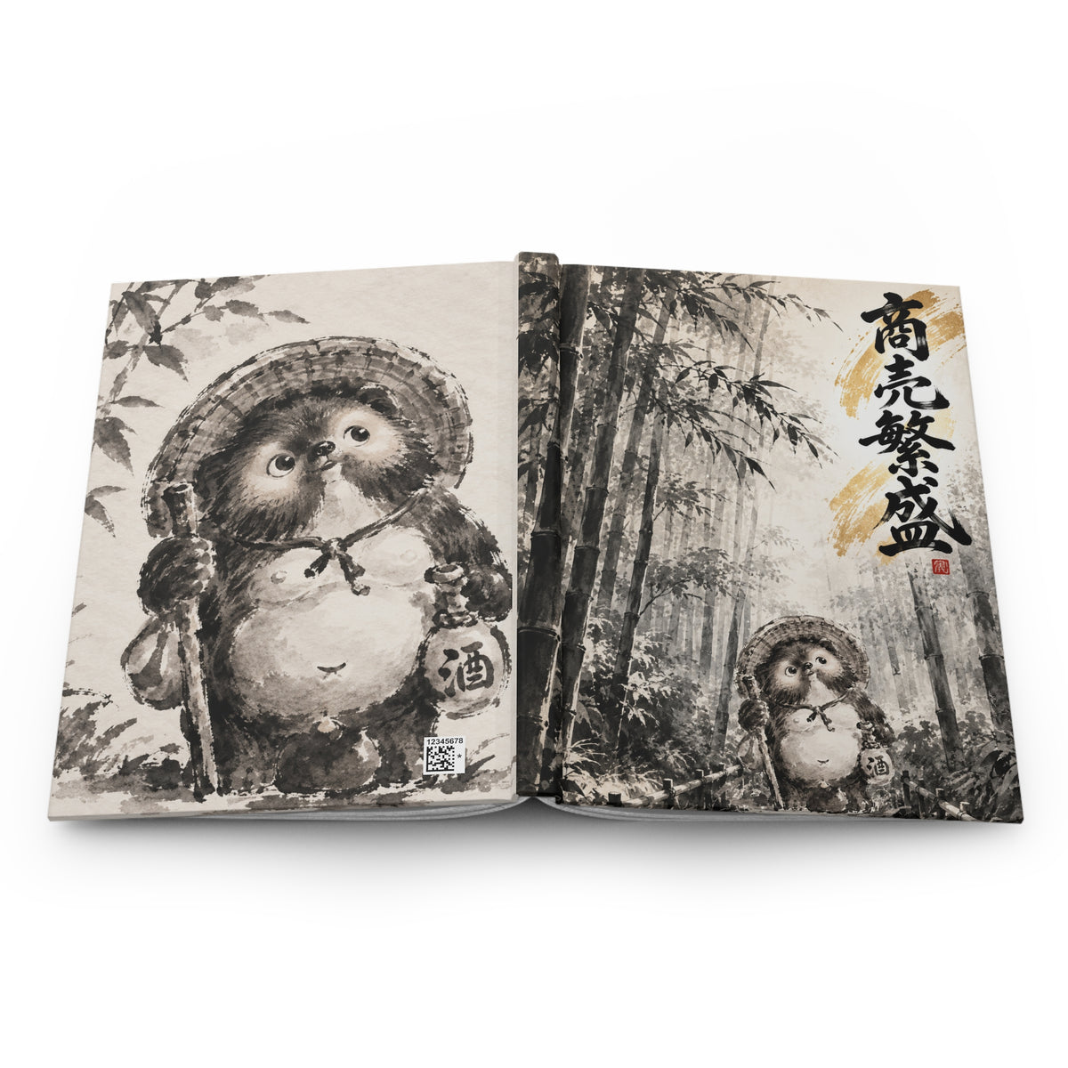 Japanese Lucky Tanuki Journal – Bamboo Forest & “Business Prosperity” Calligraphy Art Notebook