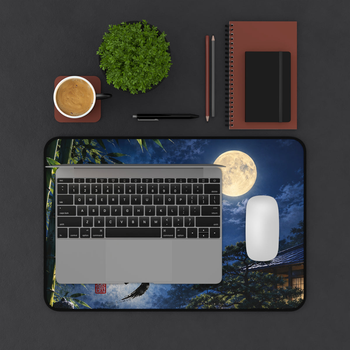 Japanese Zen Desk Mat – Full Moon, Bamboo Forest & Traditional Calligraphy Art