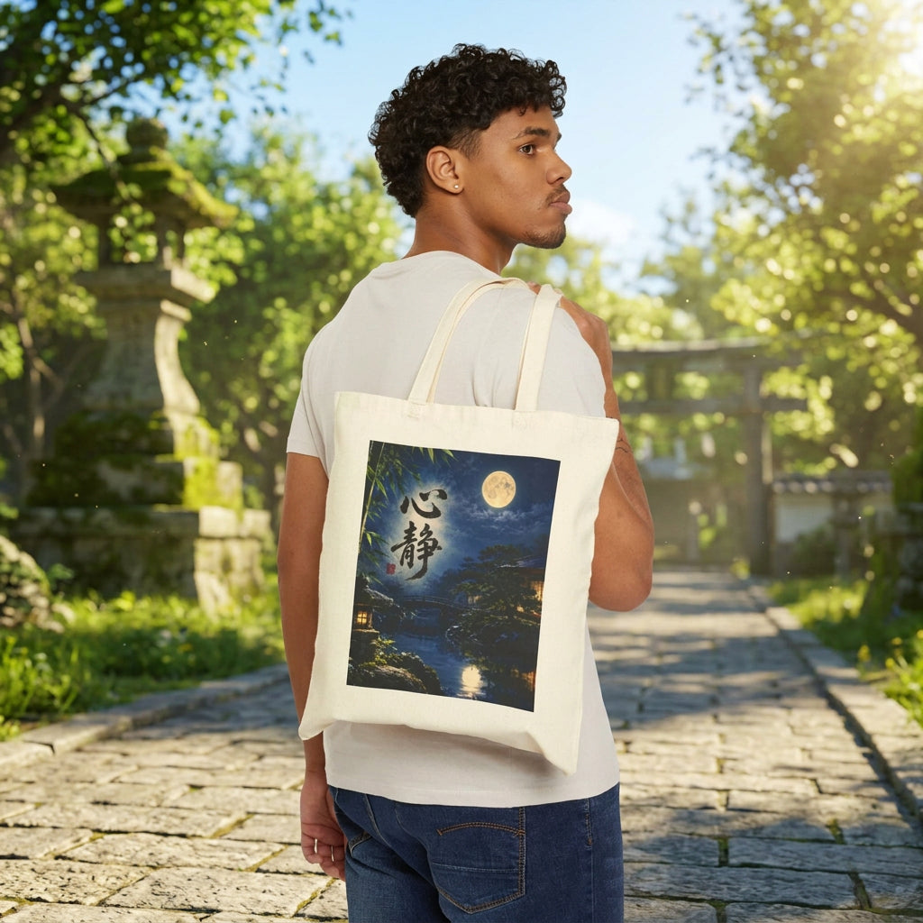 Japanese Zen Moon Tote Bag – Full Moon, Bamboo Forest & Traditional Japanese Garden Art