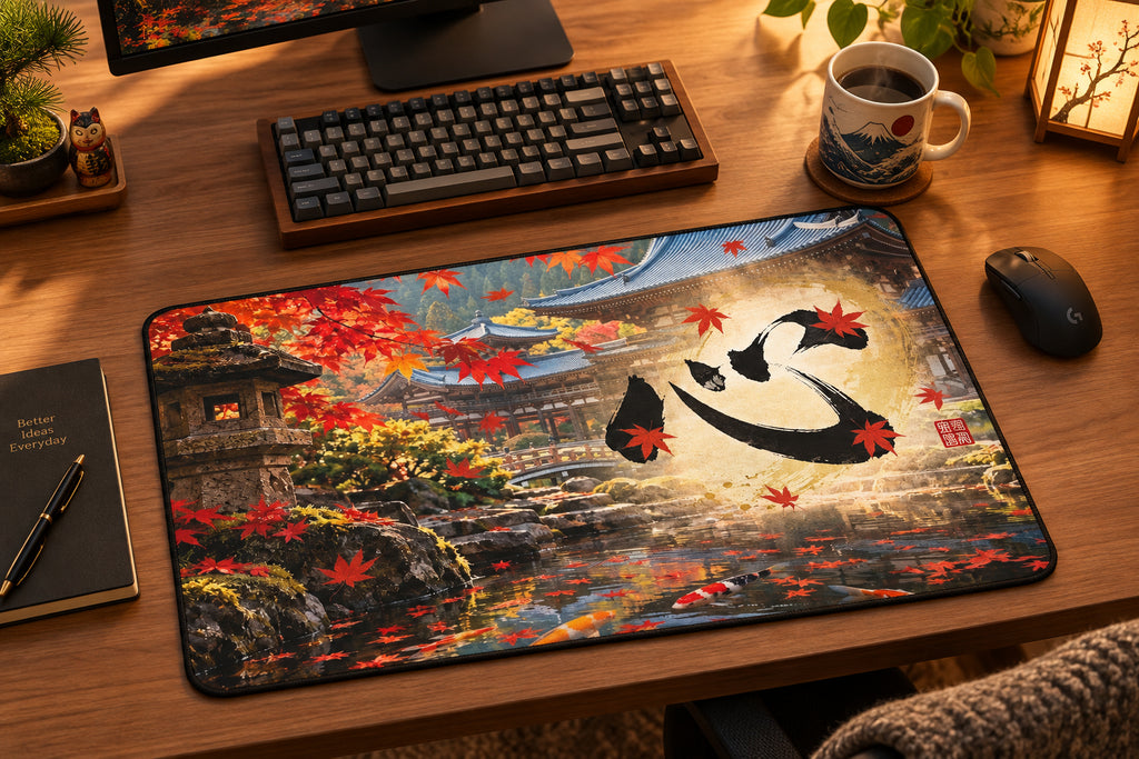 Deep Autumn Japanese Garden – Maple Leaves & Koi Desk Mat