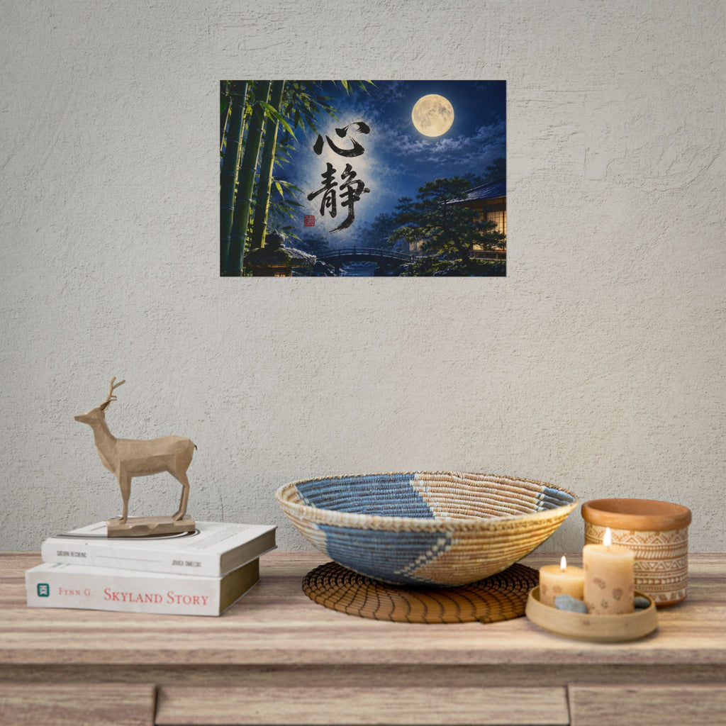 Japanese Zen Moon Wall Art – Full Moon, Bamboo Forest & Traditional Calligraphy Landscape