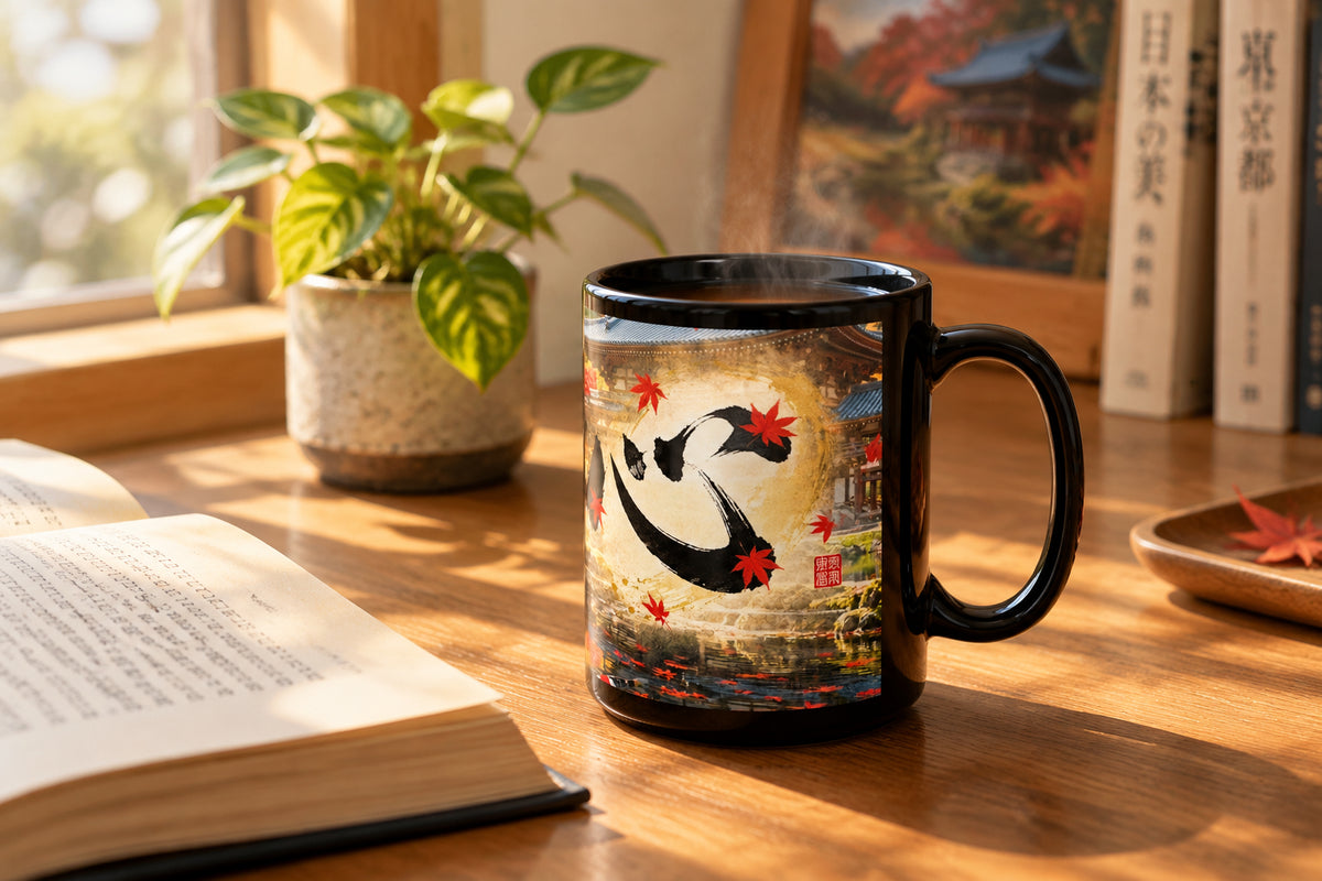 Deep Autumn Japanese Garden – Maple Leaves & Koi Black Mug