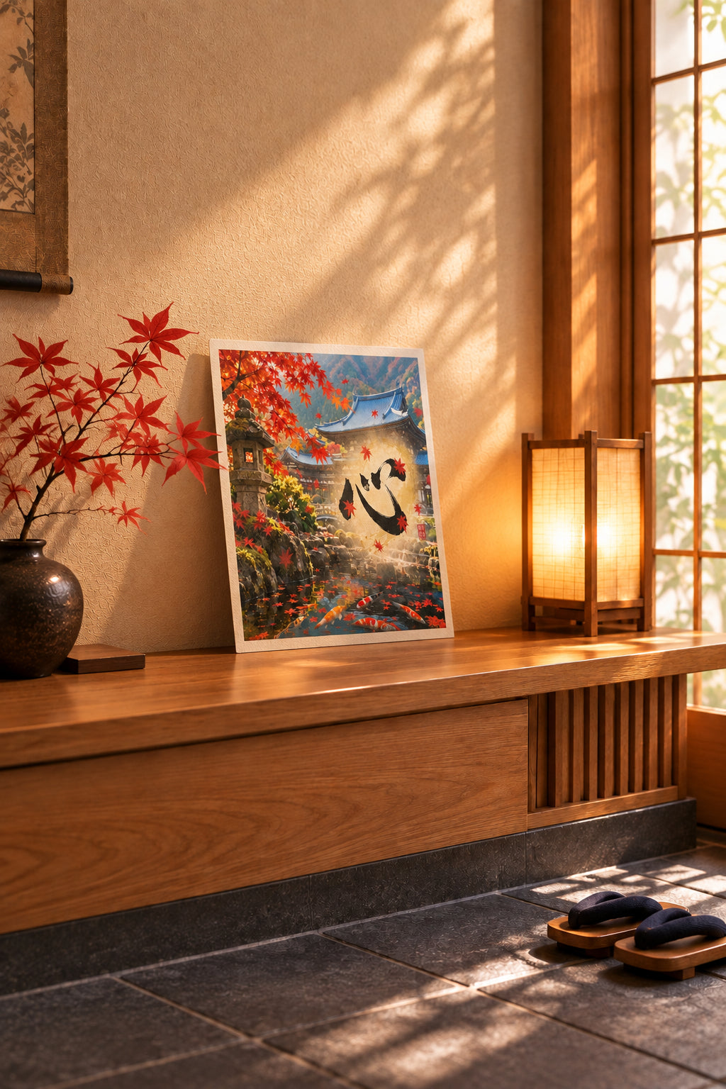 Deep Autumn Japanese Garden – Maple Leaves & Koi Wall Art
