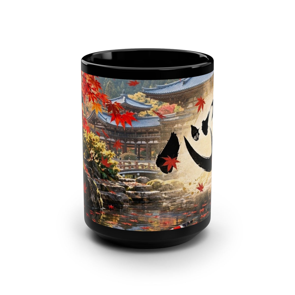 Deep Autumn Japanese Garden – Maple Leaves & Koi Black Mug