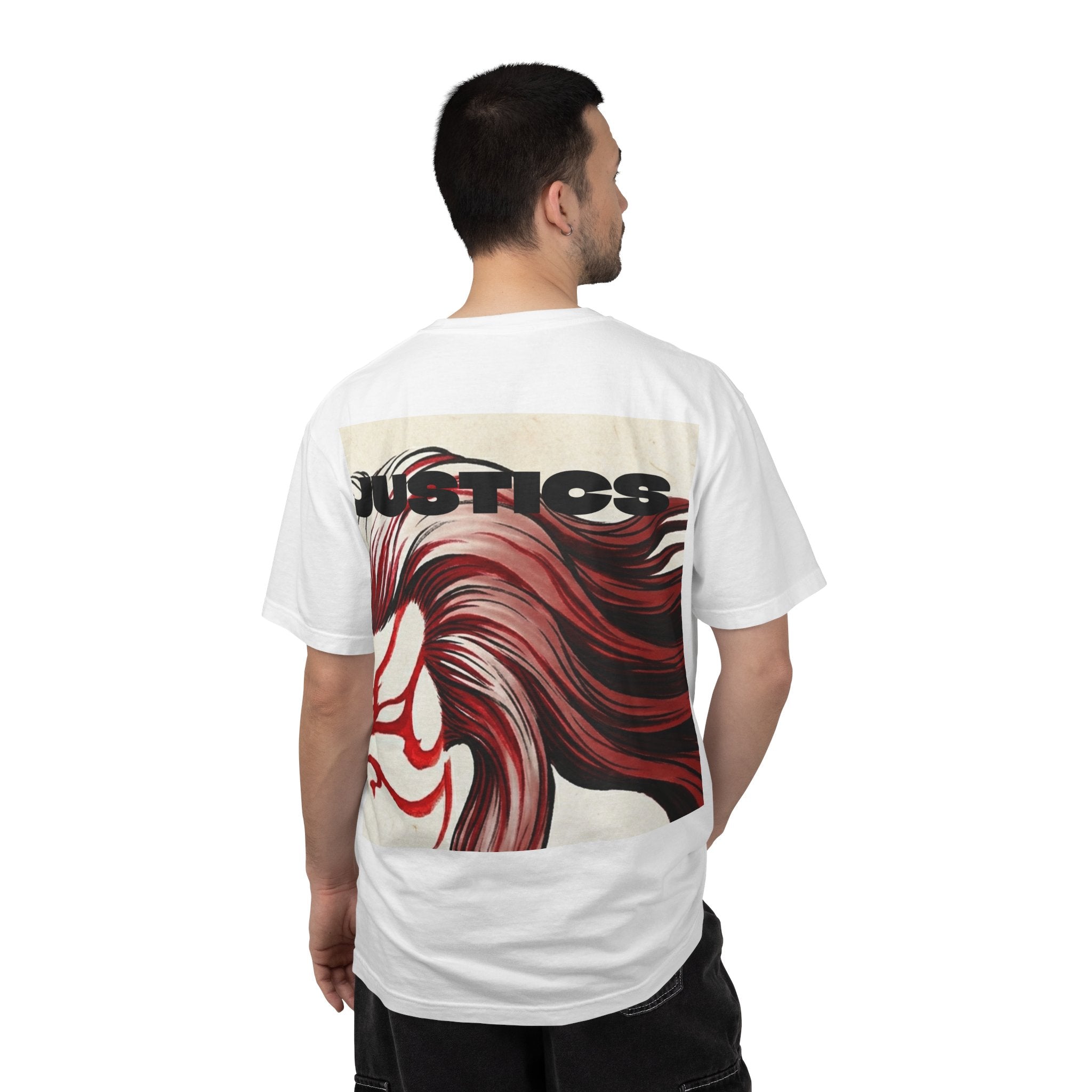 Graphic T-Shirt — Bold Red Kabuki Mask Back Print (JUSTICES)