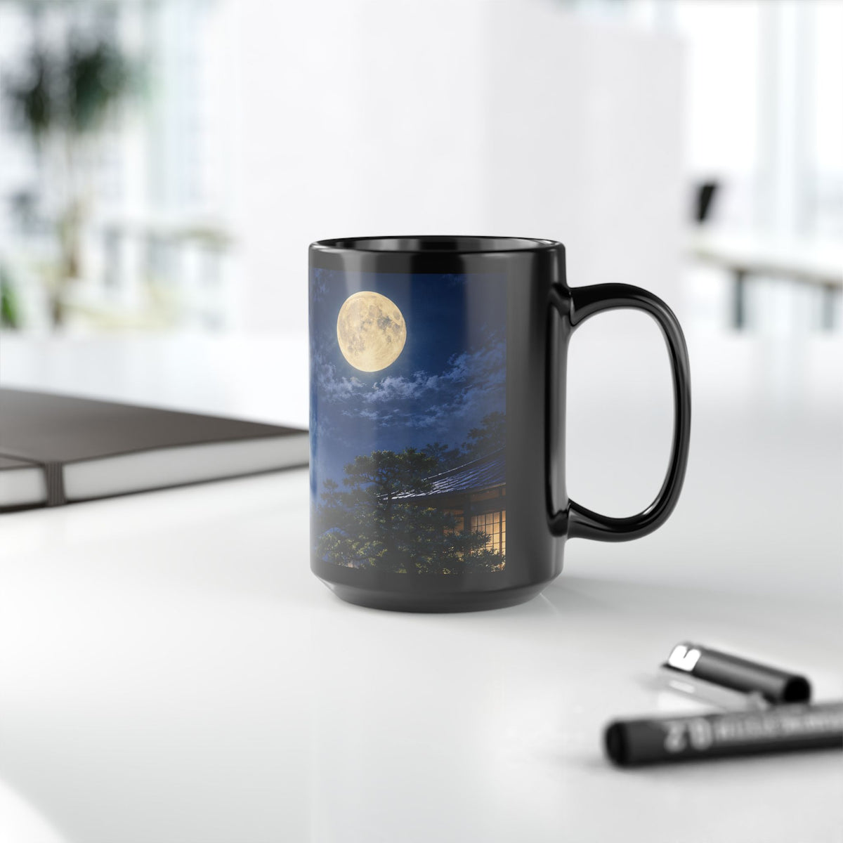 Japanese Zen Moon Mug – Full Moon, Bamboo Forest & Traditional Calligraphy Art