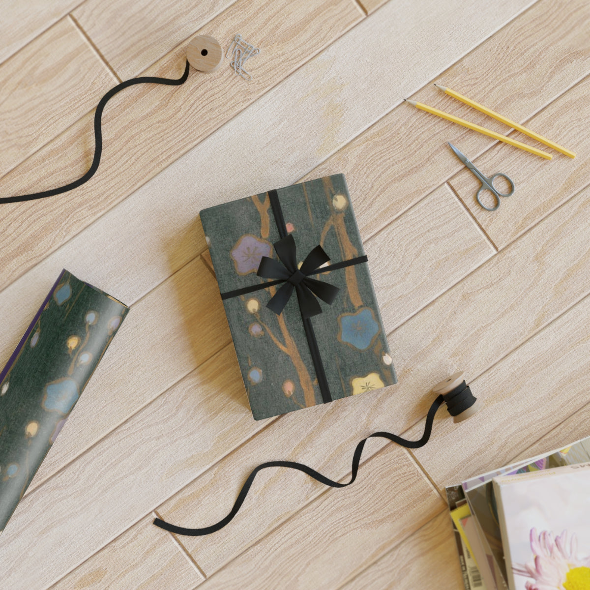 Floral Night Sky Gift Wrap Roll — Dark Green Botanical Wrapping Paper
