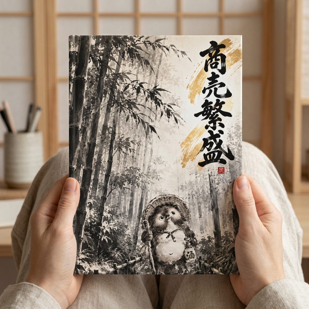 表紙がよく見えるように手に持った狸ノート