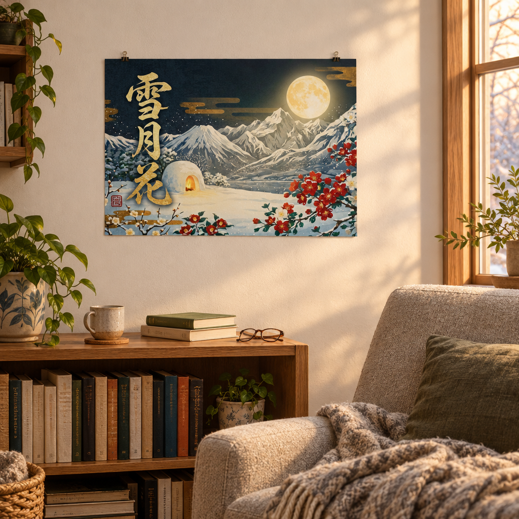 読書スペースに飾った雪月花ウォールアート