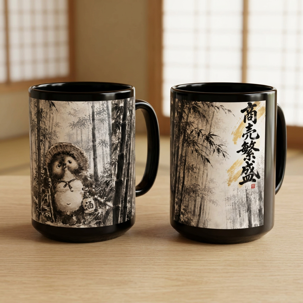 木のテーブルと障子を背景にした狸マグカップ