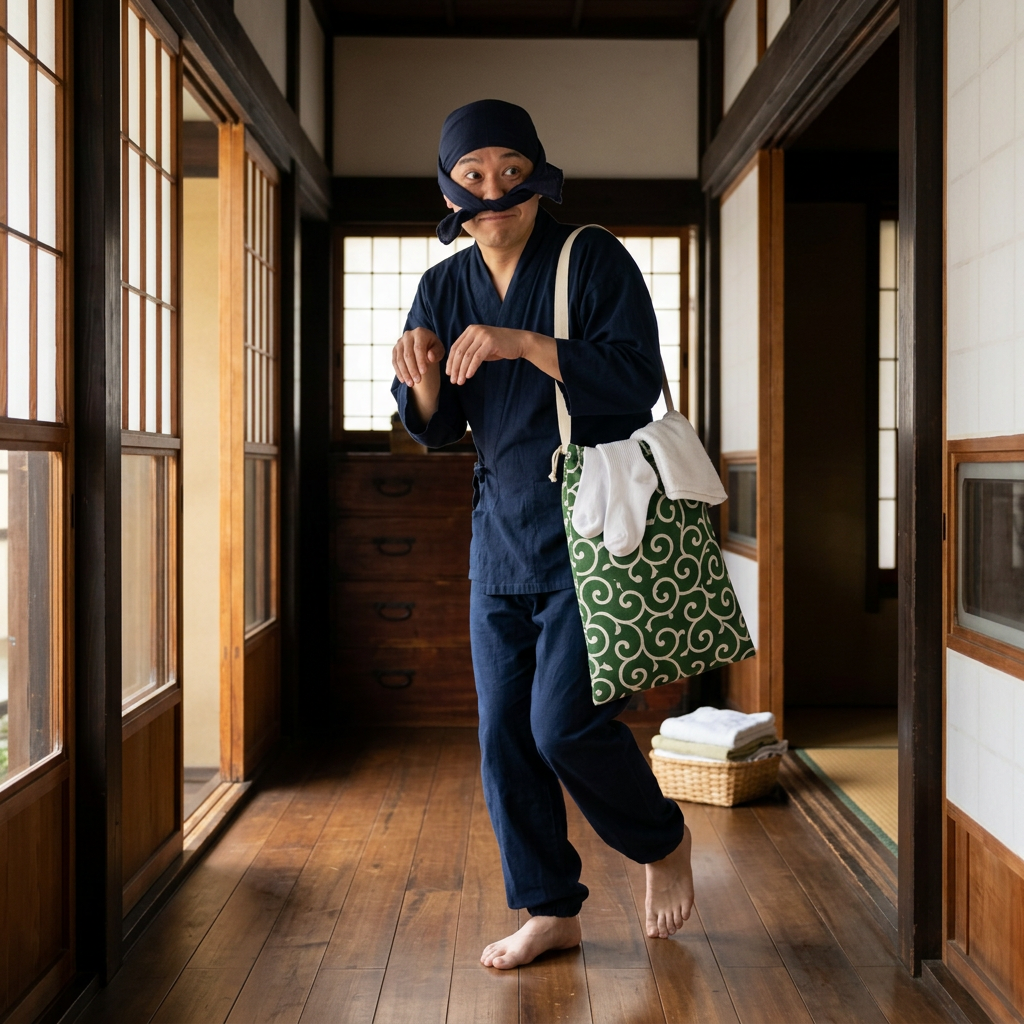 泥棒風のコミカルなランドリーバッグ使用シーン