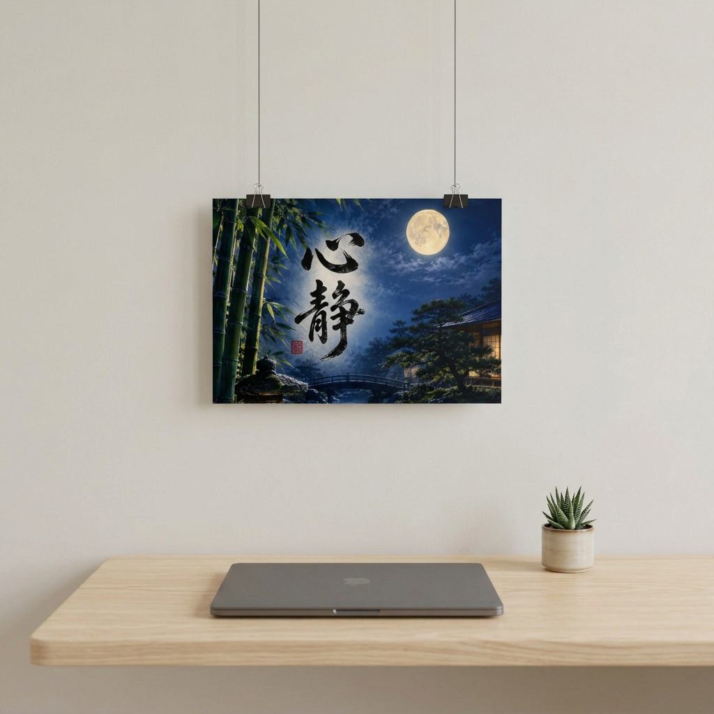 小さめのウォールアートを飾ったホームオフィス