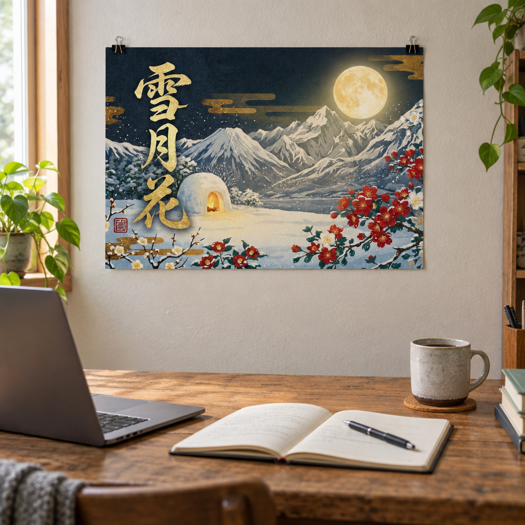 作業机の壁に飾った雪月花ウォールアート