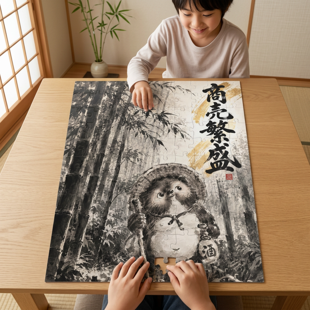 明るい和モダンの部屋で子どもがパズルを楽しむモックアップ